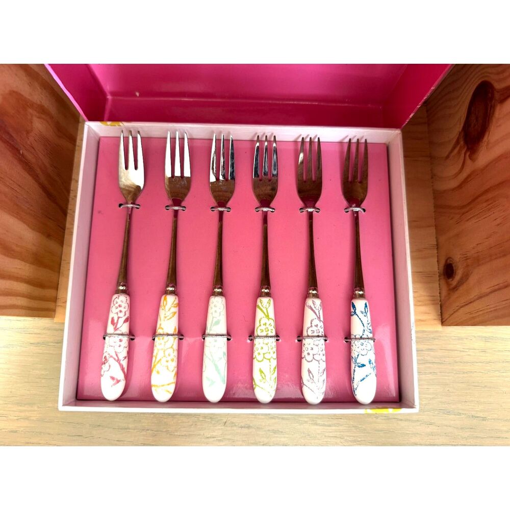 NIB Portmeirion Discontinued Dawn Chorus Floral Set of 6 Pastry Forks London 6"